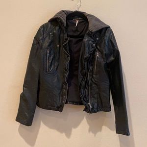 Free people faux leather jacket with removable hood